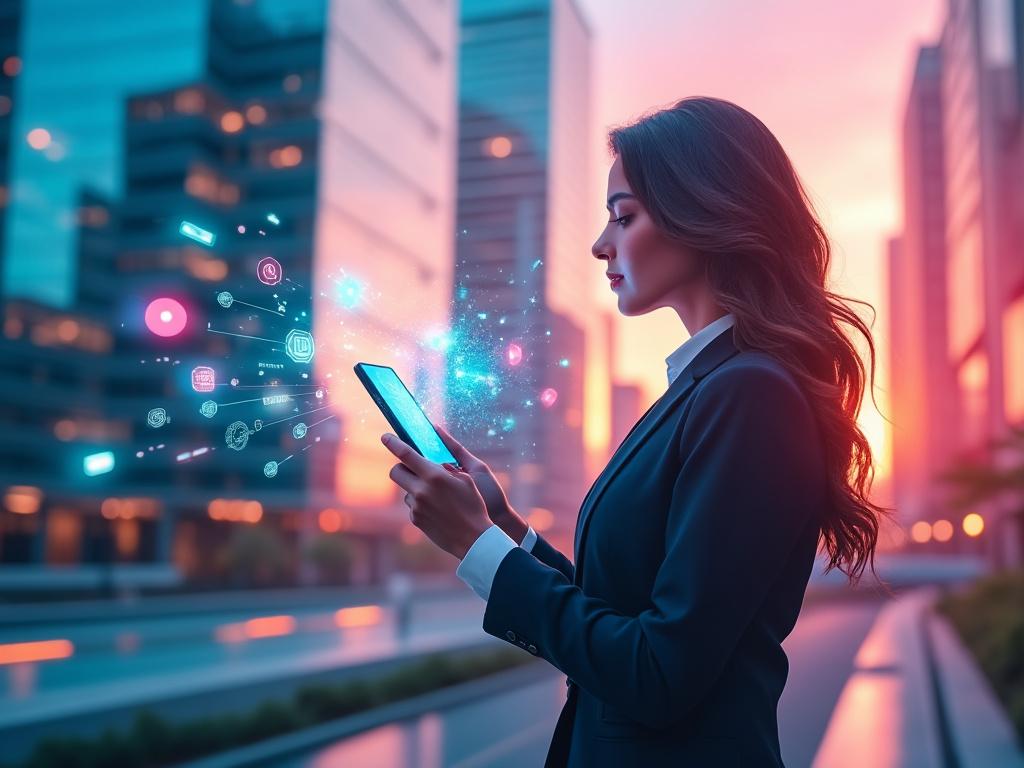 Femme utilisant tablette numérique en ville futuriste.