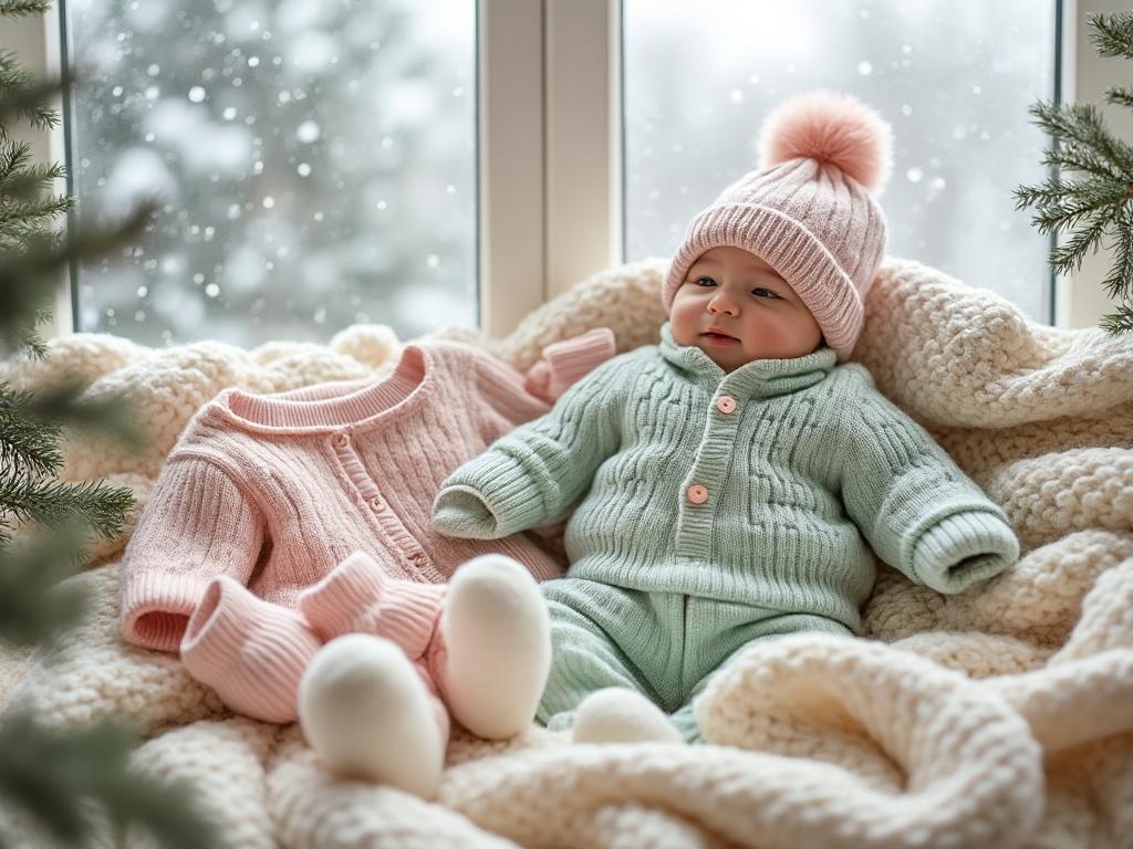 Bébé en tenue d'hiver devant fenêtre enneigée.