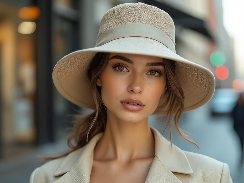 Femme portant chapeau beige en extérieur urbain.