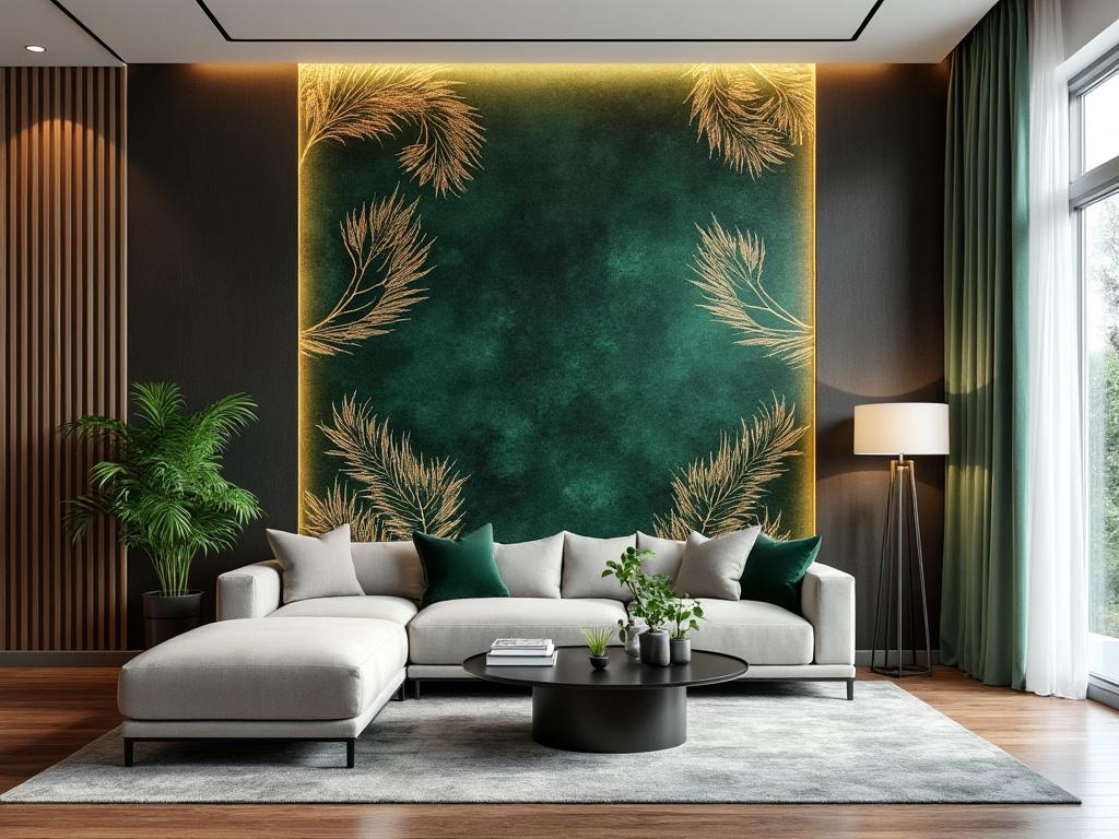 Salon moderne avec canapé, décor vert et plantes.